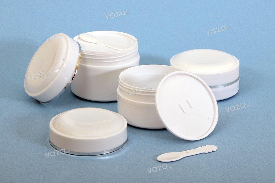 White 250ml plastic jar (PP) with cap, spoon and plastic sealing disc - available in a package with 12 pcs