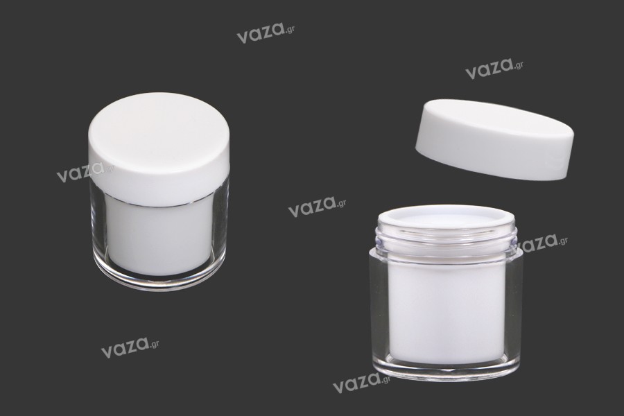 Petit pot en acrylique de 50ml de couleur blanche avec joint intérieur sur le couvercle et plastique sur le pot - 6 pcs