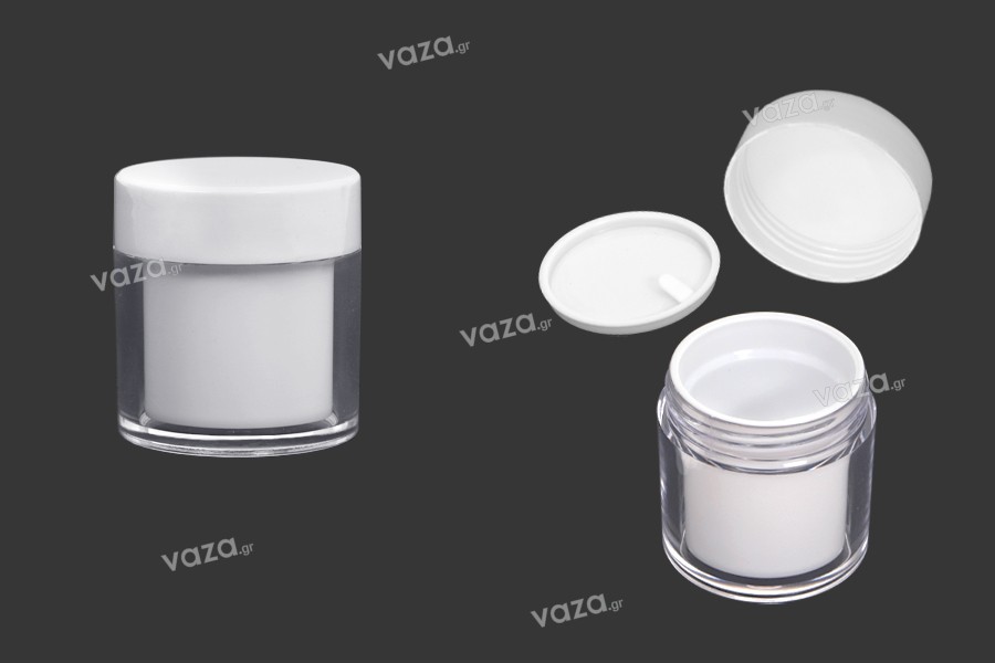 Petit pot en acrylique de 50ml de couleur blanche avec joint intérieur sur le couvercle et plastique sur le pot - 6 pcs