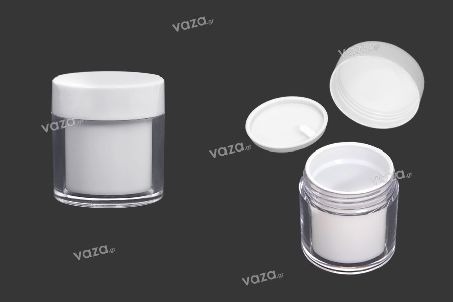 Vasetto da 50 ml in acrilico di colore bianco con guarnizione interna sul tappo e plastica nel vasetto - 6 pz