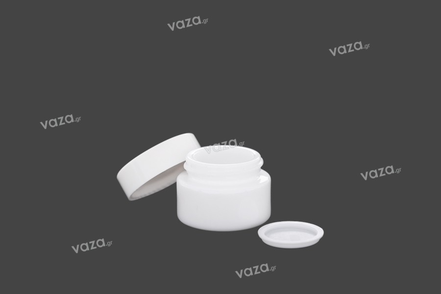 15ml white glass jar for creams with cap, liner and plastic sealing disc. 