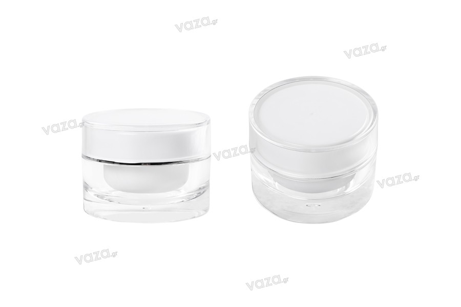 30ml luxury round acrylic cream jar with inner seal in cap and a plastic cover on the jar - available in a package with 12 pcs