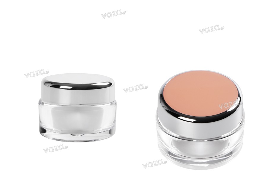 20ml luxury round acrylic cream jar with inner seal in cap and a plastic cover on the jar - available in a package with 12 pieces