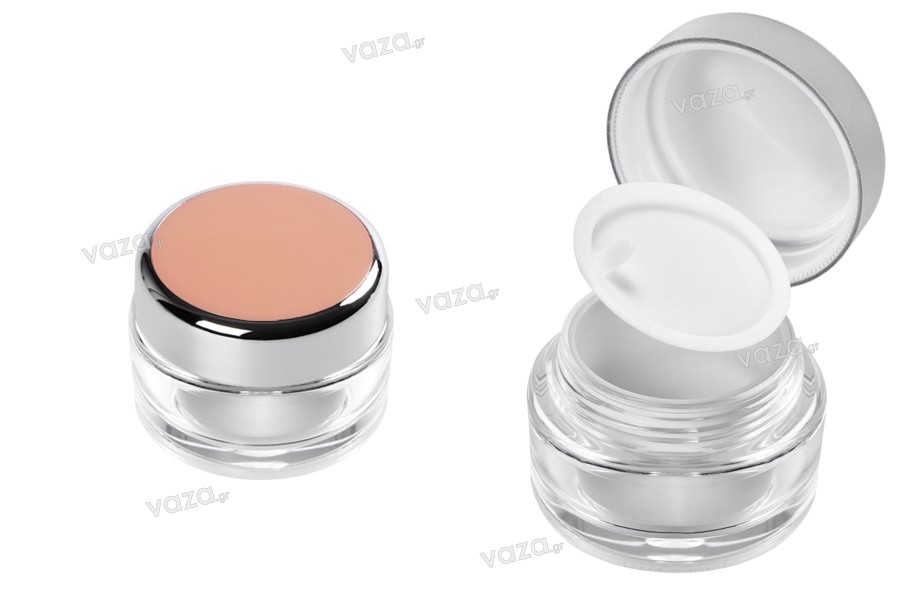 20ml luxury round acrylic cream jar with inner seal in cap and a plastic cover on the jar - available in a package with 12 pieces