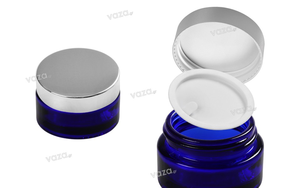 Βαζάκι γυάλινο 30 ml μπλε με πλαστικό παρέμβυσμα στο βάζο και εσωτερικό στο καπάκι