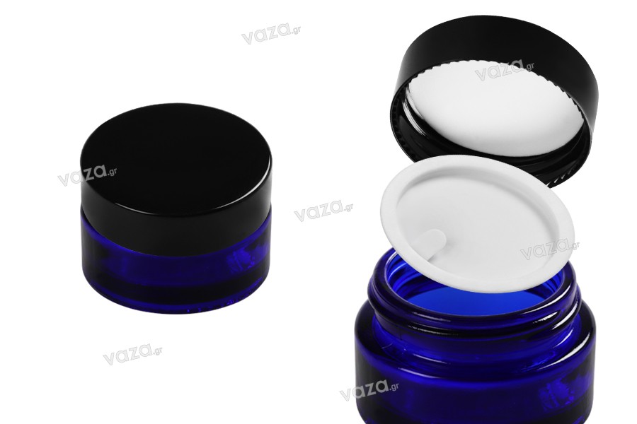 Βαζάκι γυάλινο 30 ml μπλε με πλαστικό παρέμβυσμα στο βάζο και εσωτερικό στο καπάκι