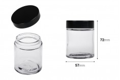 Barattolo in vetro da 100 ml trasparente con coperchio in plastica nera (e sigillo interno sul coperchio)