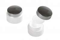 Pot en acrylique de 30 ml, perle blanche avec couvercle argenté brillant, joint intérieur sur le couvercle et plastique dans le pot
