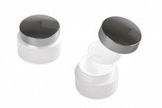 Acrylic 30ml pearl white cream jar with shiny silver cap, sealing disc and EPE liner inserted in the cap.