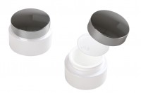 Acrylic 50ml pearl white cream jar with shiny silver cap, sealing disc and EPE liner inserted in the cap. 