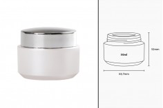 Acrylic 50ml pearl white cream jar with shiny silver cap, sealing disc and EPE liner inserted in the cap. 