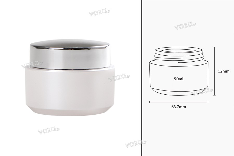 Pot blanc satin en plastique de 50ml avec couvercle argenté brillant, joint intérieur sur le couvercle et plastique sur le pot