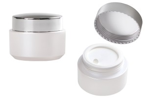 Vasetto in plastica da 50 ml, in colore perla bianca con tappo in argento satinato, guarnizione interna sul tappo e plastica nel vasetto-εικόνα_σύνθεση