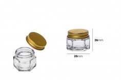 Borcan de sticlă hexagonală de 15 ml, cu capac din aluminiu auriu (și garnitură interioară pe capac)