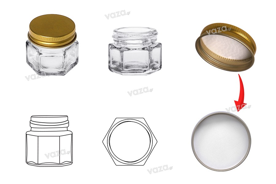 Hexagonal 15ml glass jar with golden cap and EPE liner inserted in the cap
