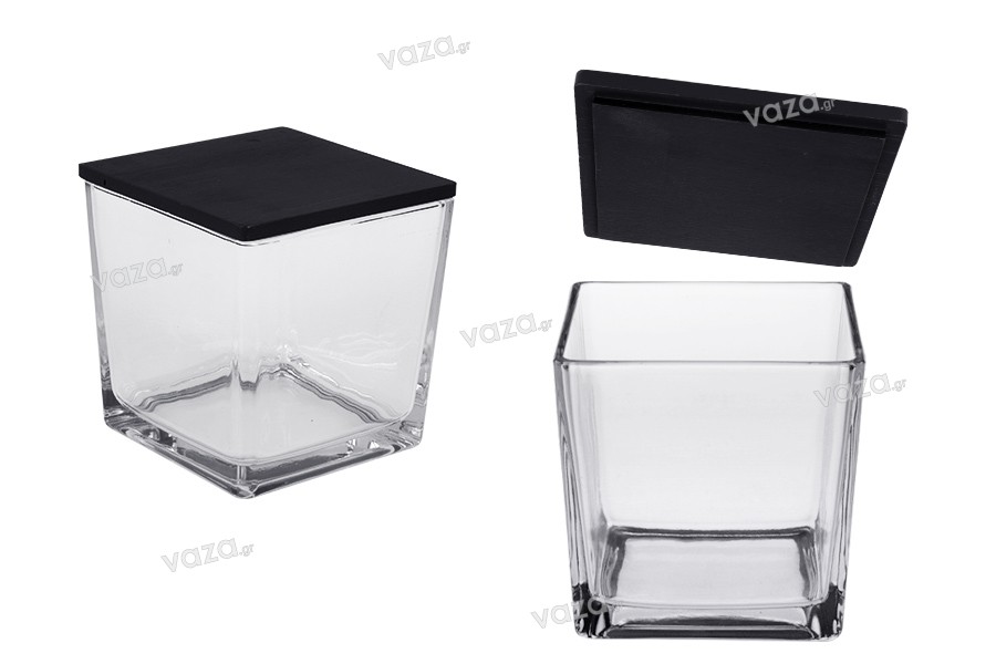 Glass decorative square jar 1110 ml 120x120x120 mm with wooden lid for candle