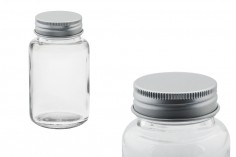 Bottiglietta di vetro da 100 ml con tappo in alluminio e guarnizione interna.