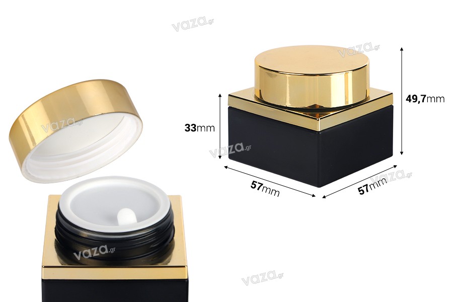Glass luxury jar 50 ml in black matte color for cosmetic use with gold cap and plastic gasket