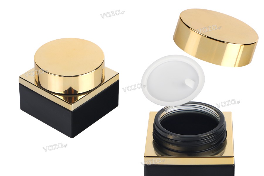 Glass luxury jar 50 ml in black matte color for cosmetic use with gold cap and plastic gasket