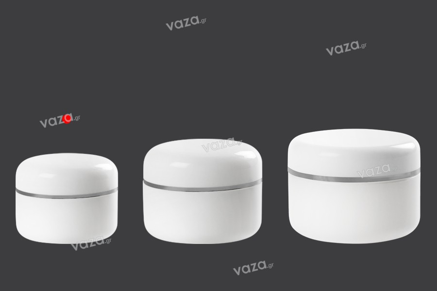25ml double wall plastic cream jar with sealing disc and silver stripe on the cap – available in a package with 12 pcs