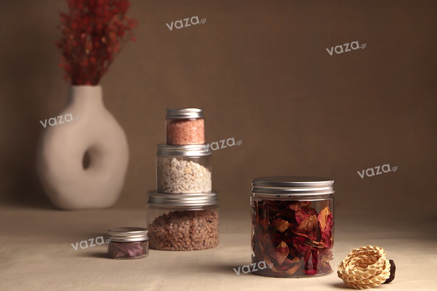 Petit pot transparent PET de 200ml avec couvercle en aluminium argenté avec joint d'étanchéité