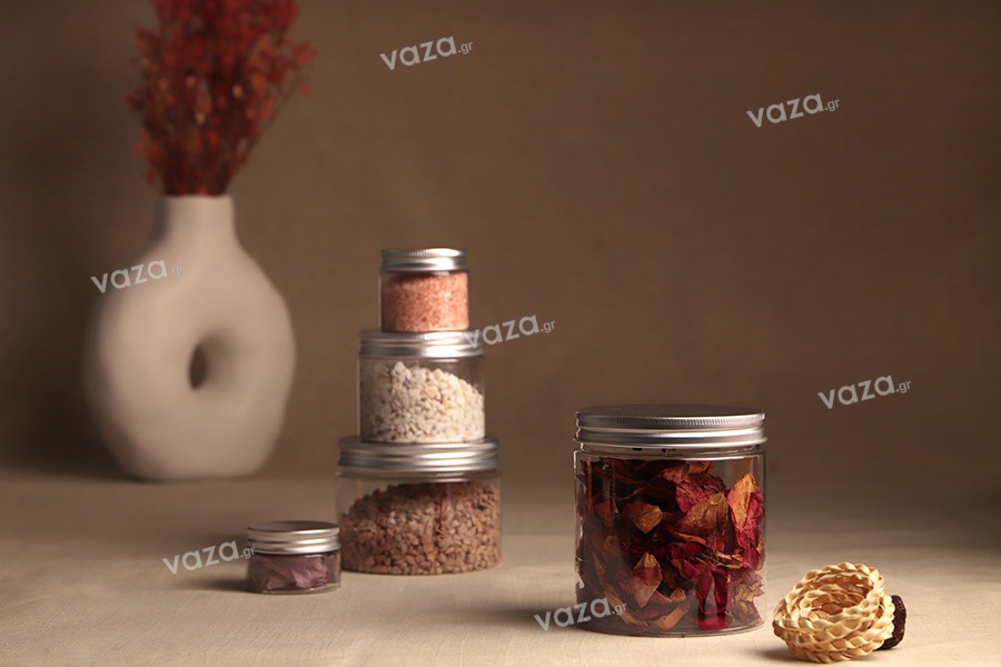 Transparent 150ml PET jar with aluminum cap and sealing disc