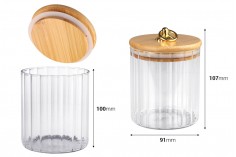 Glass cylindrical jar 500 ml clear with wooden cap, rubber and gold metal ring
