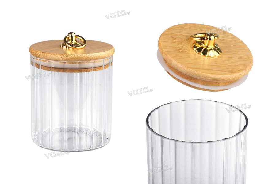 Glass cylindrical jar 500 ml clear with wooden cap, rubber and gold metal ring