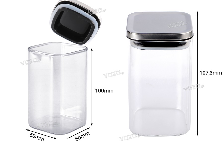 Glass jar 260ml in square shape with silver cap and rubber