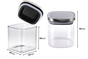 Glass jar 350ml in square shape with silver cap and rubber-bildabmessungen