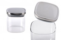 Glass jar 350 ml in square shape with silver cap and rubber