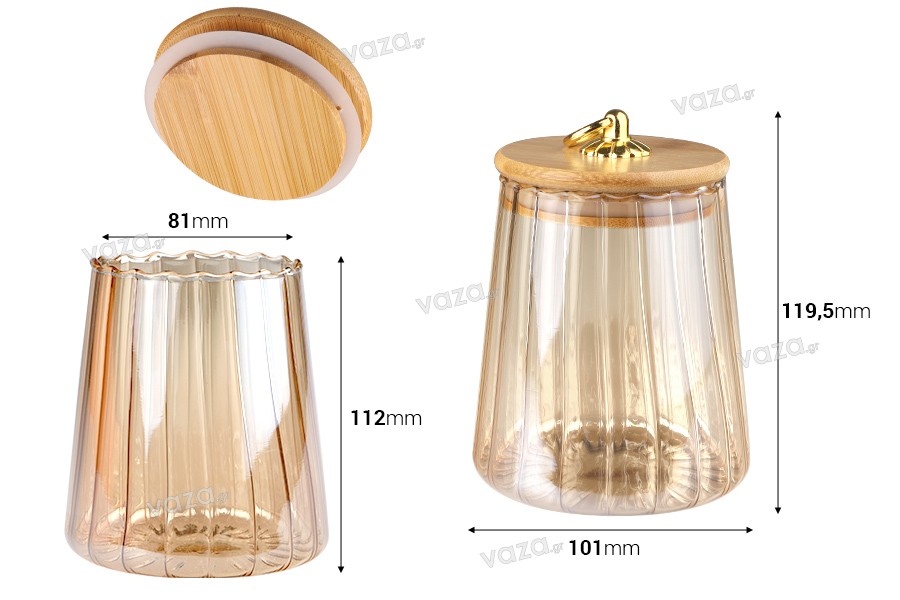Glass jar 600 ml bronze with wooden cap, rubber and gold metal ring