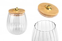 Glass jar 700 ml clear with wooden cap, rubber and gold metal ring