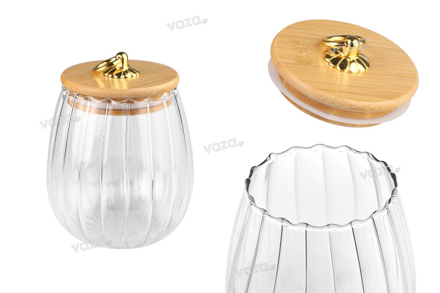 Glass jar 700 ml clear with wooden cap, rubber and gold metal ring