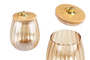 Glass jar 700 ml bronze with wooden cap, rubber and gold metal ring-εικόνα_προϊοντική