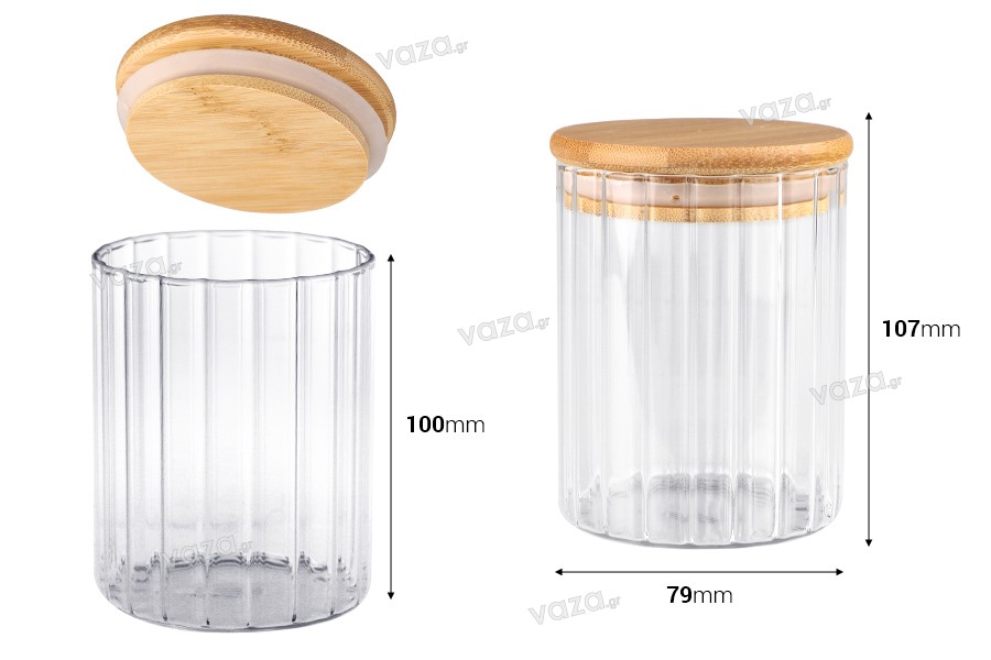Glass jar 370 ml clear with wooden cap and rubber