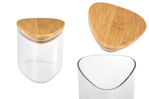Glass jar 550 ml in triangular shape with wooden cap and rubber-εικόνα_προϊοντική