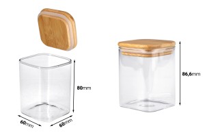 Glass jar 200 ml in square shape with wooden cap and rubber-photo_dimensions