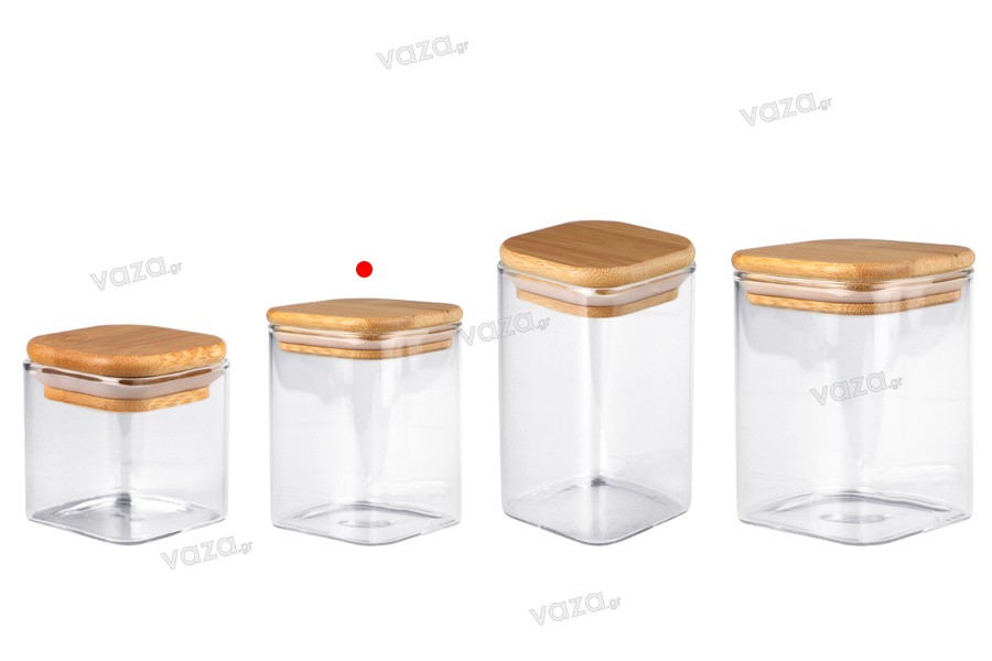 Glass jar 200 ml in square shape with wooden cap and rubber