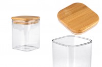 Glass jar 200 ml in square shape with wooden cap and rubber
