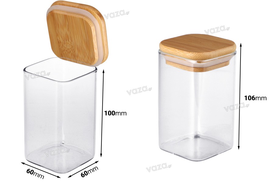 Glass jar 250 ml in square shape with wooden cap and rubber