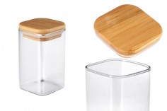 Glass jar 250 ml in square shape with wooden cap and rubber