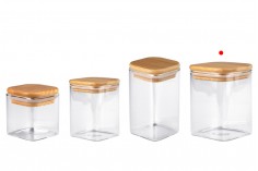 Glass jar 450 ml in square shape with wooden cap and rubber