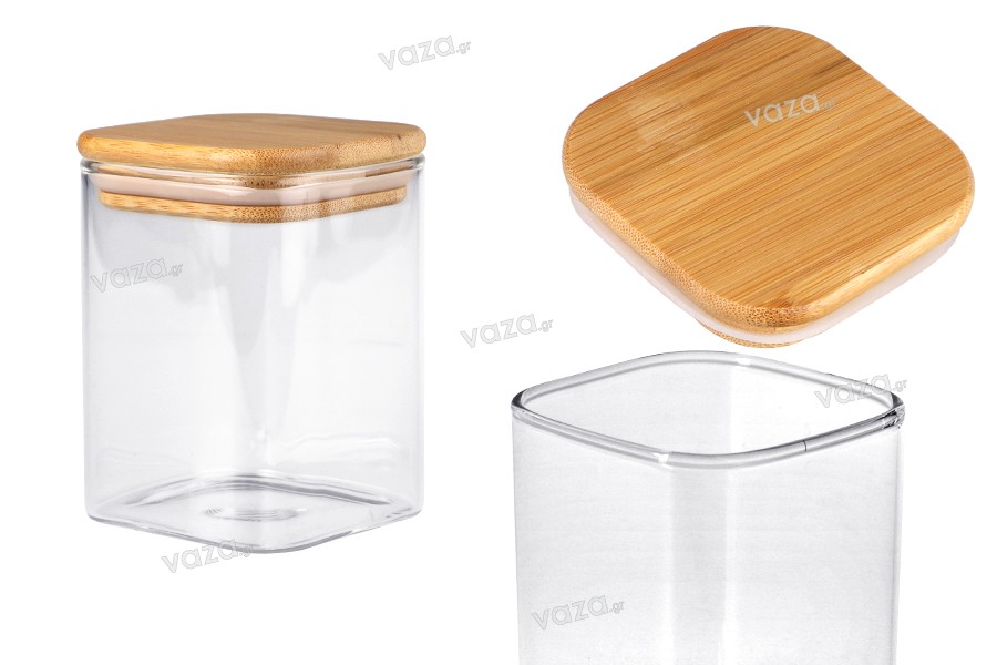 Glass jar 450 ml in square shape with wooden cap and rubber