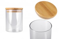 Glass jar 450 ml in cylindrical shape with wooden cap and rubber