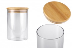 Glass jar 550 ml in cylindrical shape with wooden cap and rubber
