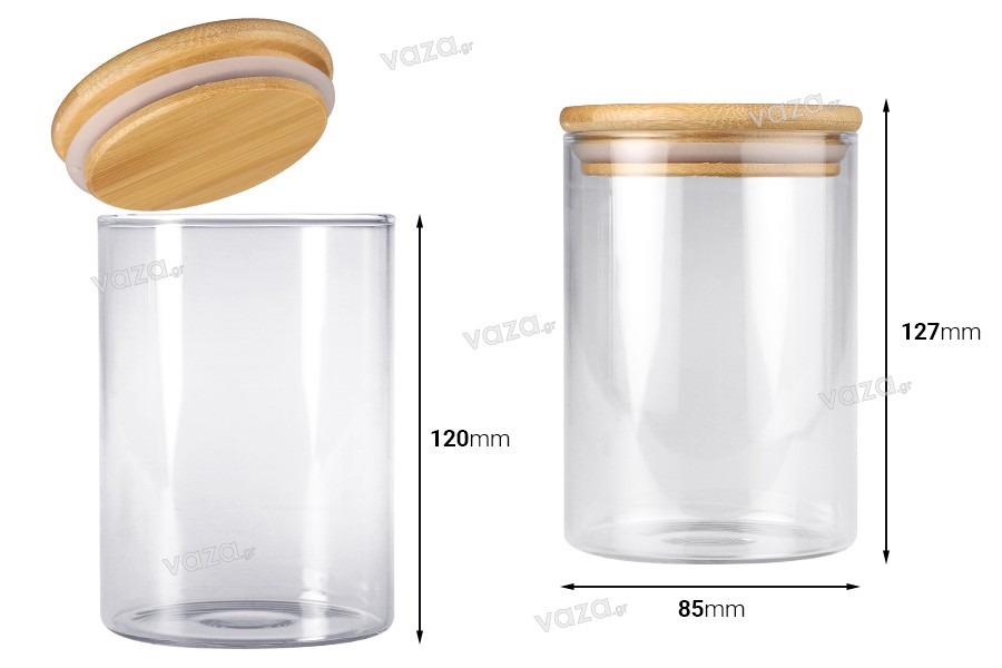 Glass jar 550 ml in cylindrical shape with wooden cap and rubber