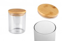 Glass jar 400 ml in cylindrical shape with wooden cap and rubber