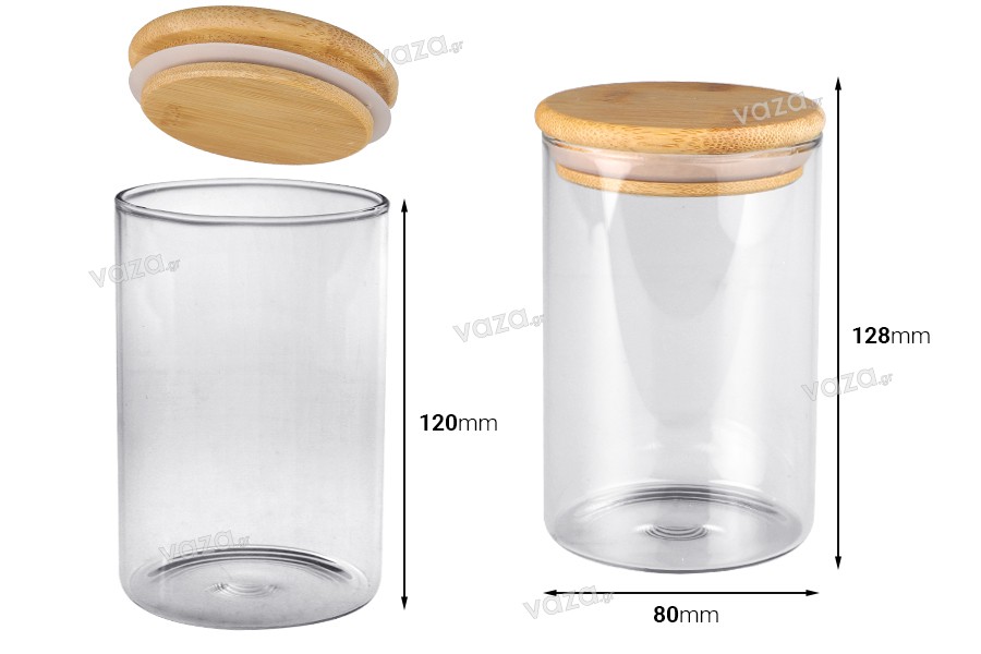Glass jar 500 ml in cylindrical shape with wooden cap and rubber