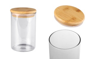Glass jar 500 ml in cylindrical shape with wooden cap and rubber-1